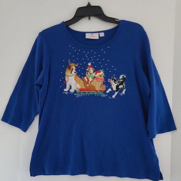QUACKER FACTORY ALL IS BRIGHT HOLIDAY BLING 3/4 SLEEVE T- SHIRT SLED DOG DESIGN - Picture 5 of 12